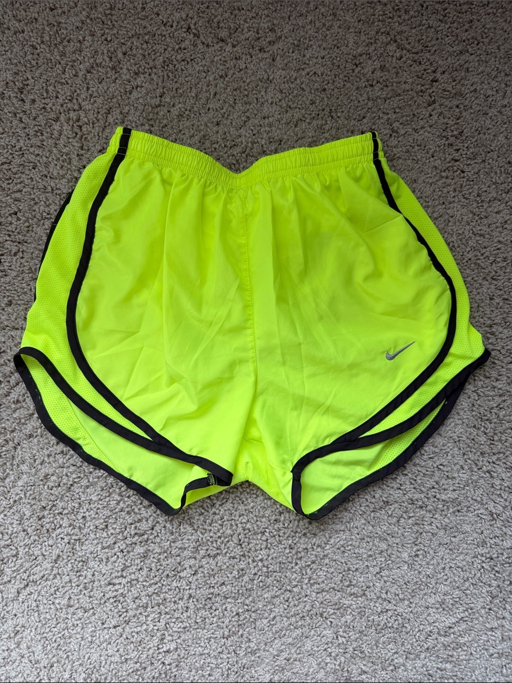 Nike Women's Neon Yellow Athletic Running Shorts with Black Trim